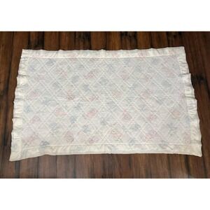 Vtg Baby Quilted Comforter Baby Blanket Pink Blue Elephant White Satin Trim